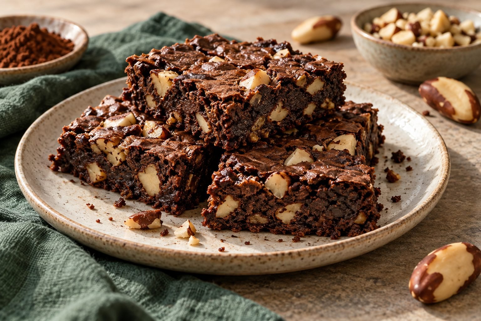 Brownie de cacau e castanhas cortado em quadrados